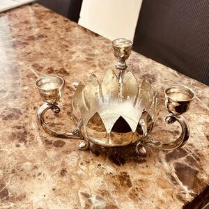Vintage silver-plated floral centerpiece candelabra with three candle holders